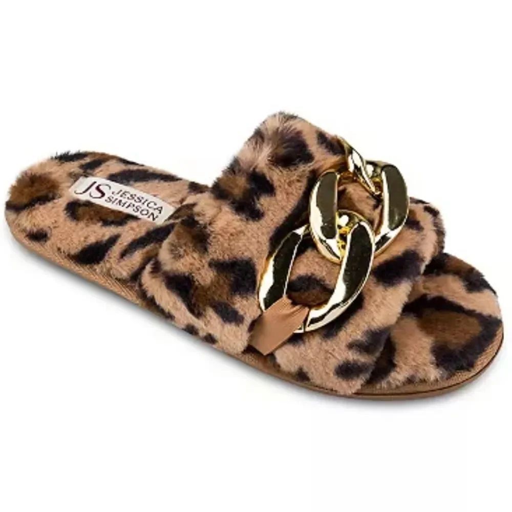 NEW JESSICA SIMPSON WOMEN'S FAUX FUR CHAIN LINK EMBELLISHEDโSLIDE SLIPPERS
